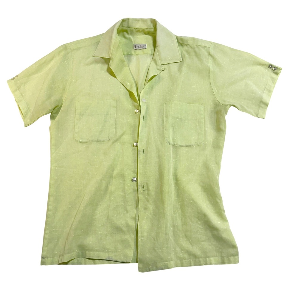 Mens Vintage 70s Light Green Short Sleeve Button Up‎ Shirt Size S Cowboy Retro